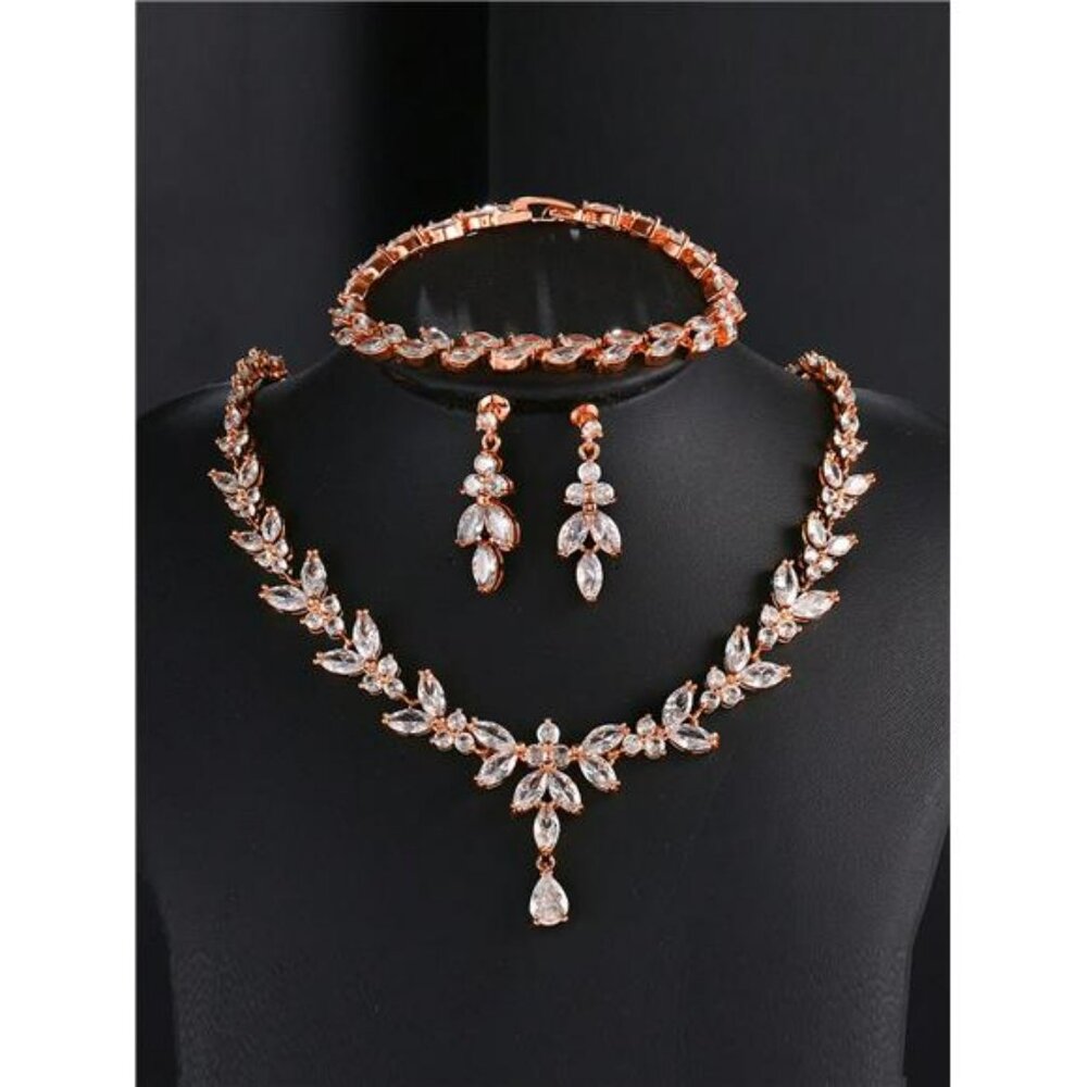 Rose Gold Bridal Jewelry Set 3Pc Rose Gold Rhinestone Necklace Earrings Bracelet